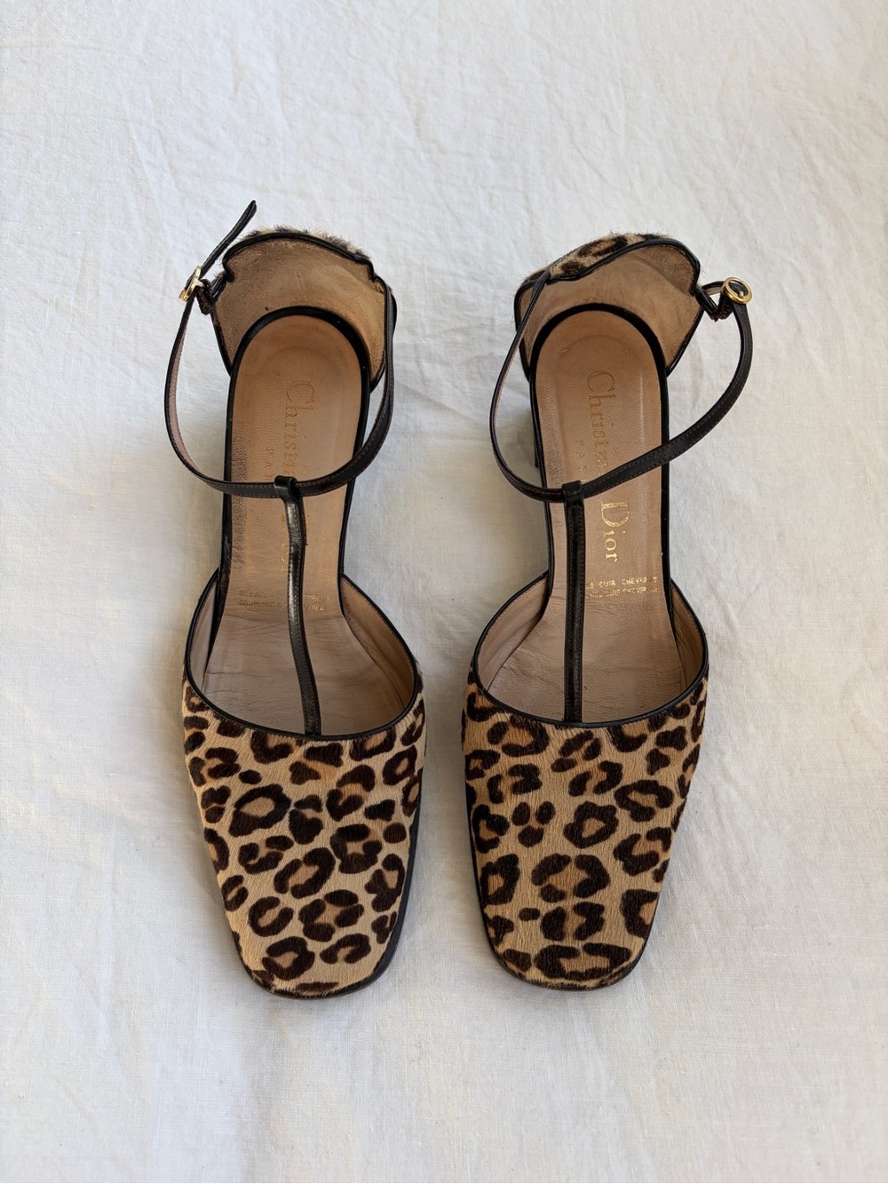 Vintage Dior Leopard Pony Calf Hair T Strap Thong Heels Brown Black